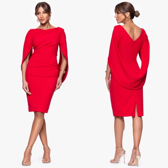 NEW BETSY & ADAM Red JORDAN Draped Back CAPE SLEEVE Sheath COCKTAIL DRESS 14 - Picture 1 of 16